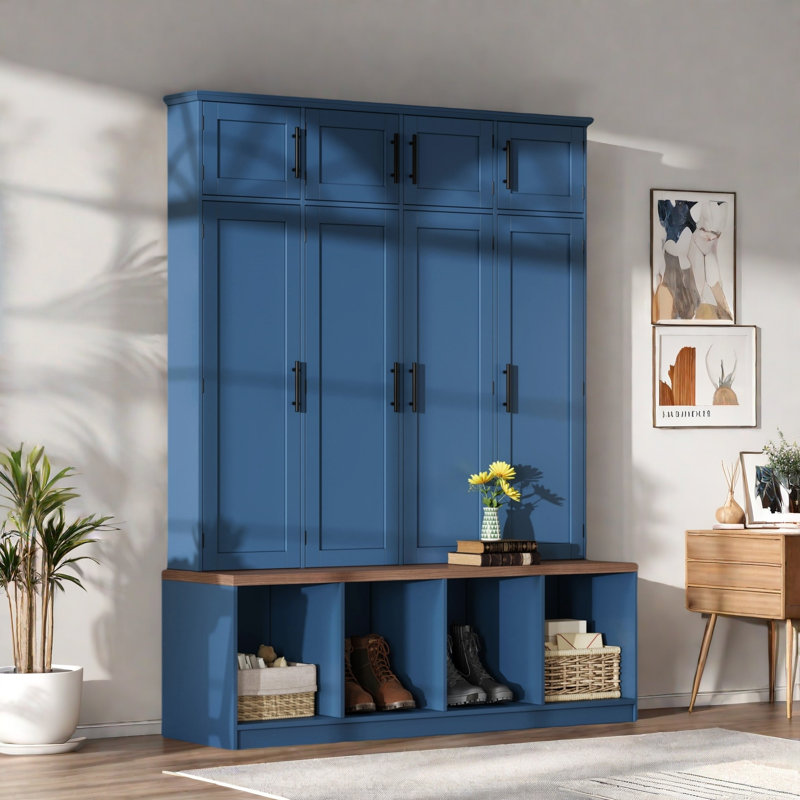 Farmhouse Hall Tree With 4 Hidden Hanging Hooks, 8 Doors, Seating Bench And Shoe Cabinet, Blue