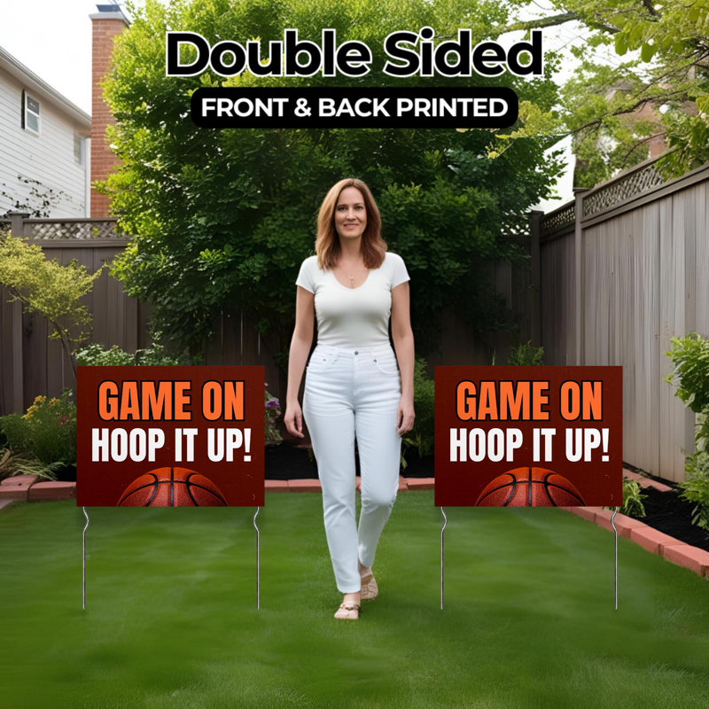 Game On - Hoop It Up! Yard Sign by DC | 24"x18" Double Sided Basketball Garden Sign with 13” Metal Stakes | Outdoor Signs Waterproof for Lawn, Patio, Sidewalk & House | Set of 1 | Made in USA