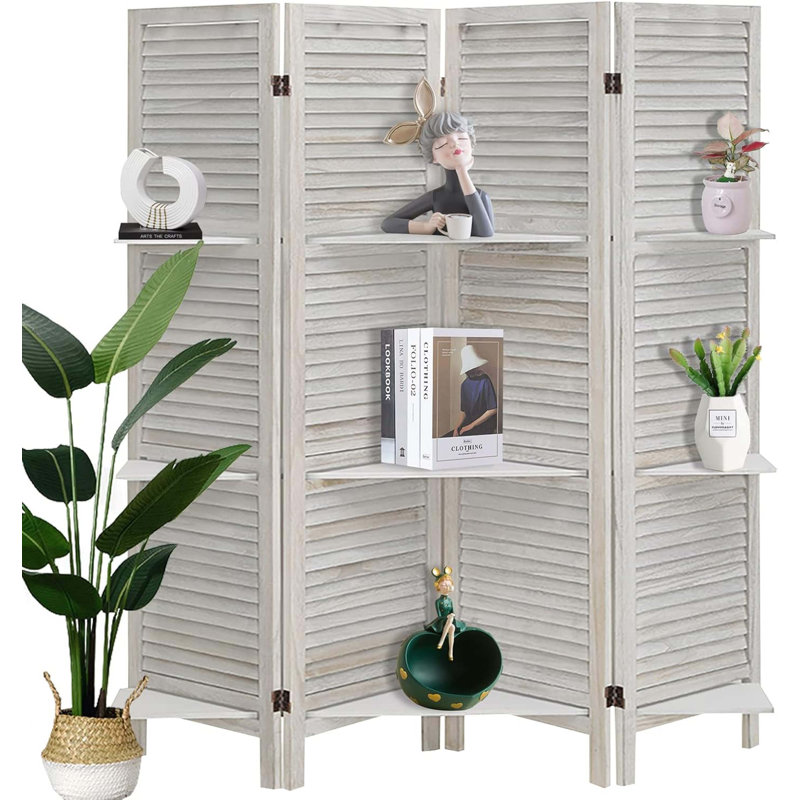 4 Panel Wood Room Divider Screen with Shelves - Freestanding Partition with Display Shelves, Grey