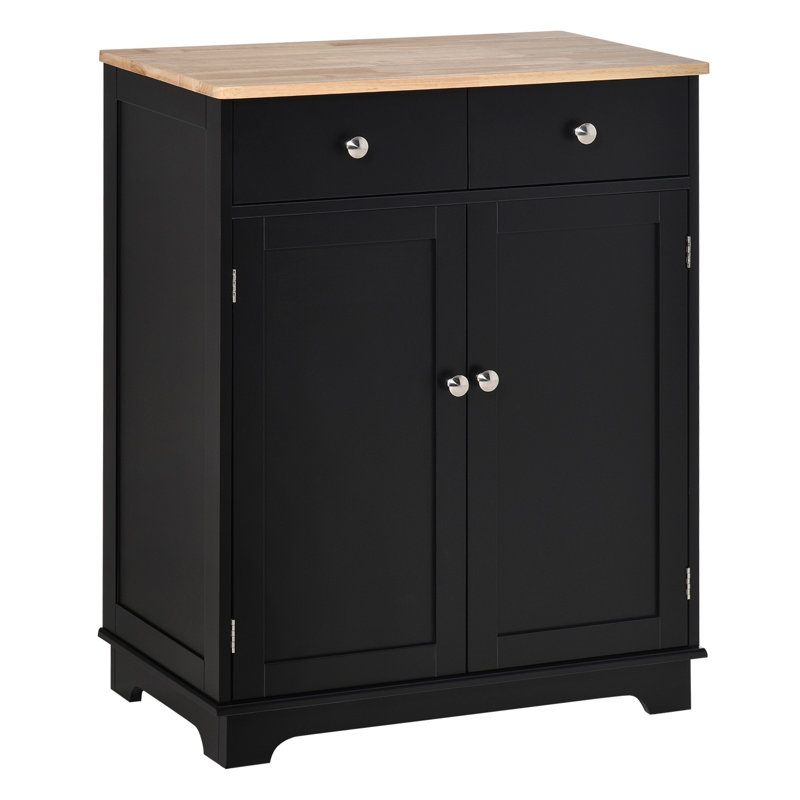 Armoire de rangement de cuisine moderne avec comptoir en bois d'hévéa massif HOMcom, buffet en acier noir avec 2 tiroirs, tablette et portes réglables
