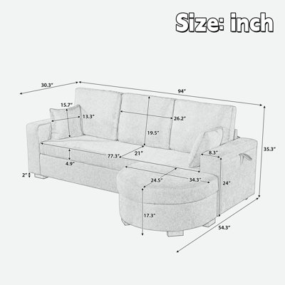 Canapé d'angle avec pouf de rangement, rangement dissimulé, ports de chargement USB et porte-gobelets