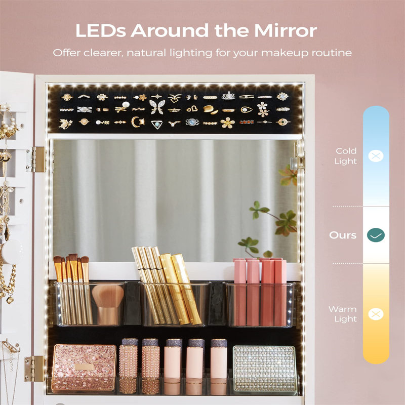 White Wall Mounted Jewelry Armoire with Mirror and LED Lights