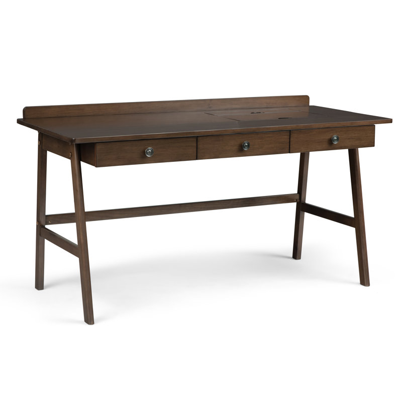 Bureau d'écriture transitionnel en bois massif l 60 po Rylie avec 3 tiroirs, compartiments relevables, prises USB et prises de courant