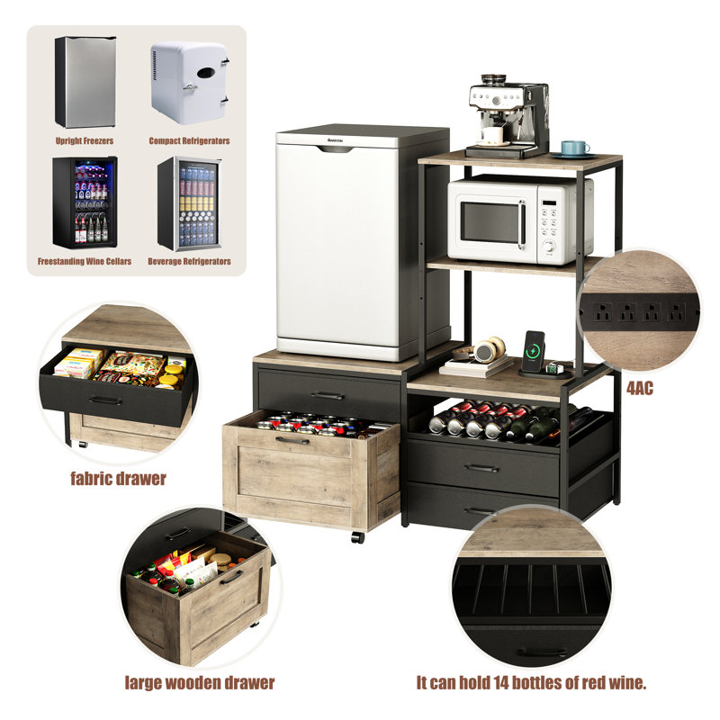 Mini Fridge Stand with Wine Rack, Kitchen Bakers Rack with Power Outlet, Microwave Oven Stand, Coffee Bar, Griege