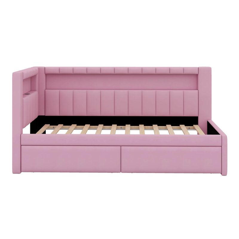 Upholstered Twin Size Daybed With LED And Storage Drawers, Pink