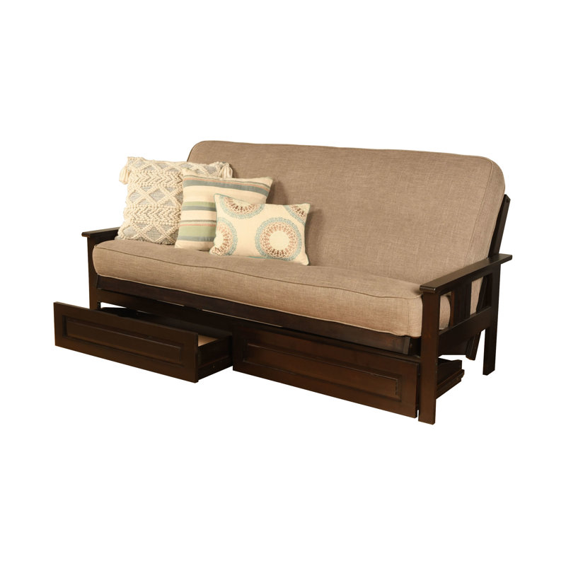 Stratford Full 79" Futon Frame and Mattress with Drawer Set, Stone Linen, Espresso