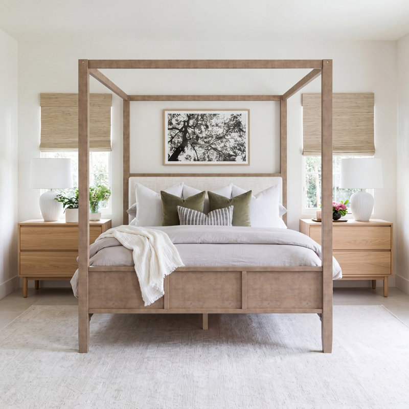 Très grand lit plateforme à baldaquin en bois avec tête de lit tapissier, sans sommier, noyer naturel, Noyer naturel