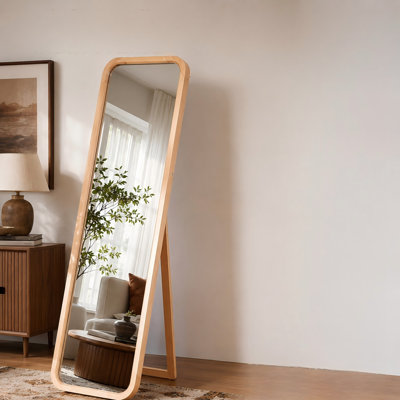 Miroir pleine longueur en bois de hêtre massif, fini bois naturel, sur pied, cadre en A et mural, 2 en 1, HD, pour chambre, salon, garde-robe et entrée.