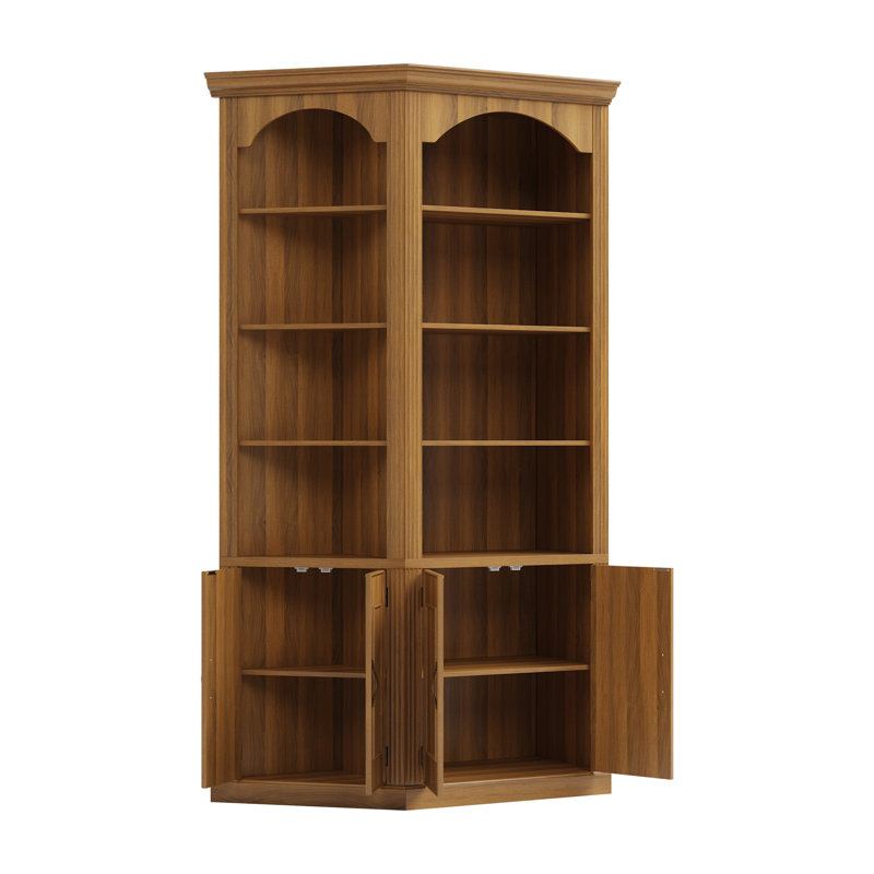 Bibliothèque d'angle haute de 90,3 po avec portes d'armoire, 2 projecteurs supérieurs et éclairage tricolore Busby, Noyer