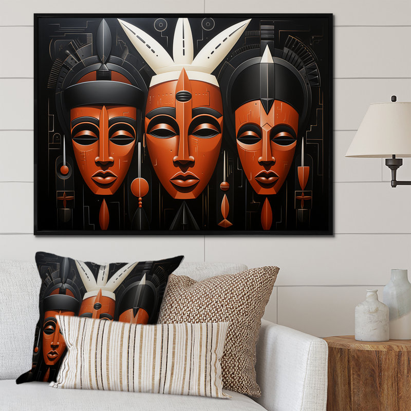 Masque africain noir et orange Kuba, Cadre flottant noir, H 34 po x l 44 po x P 1,5 po