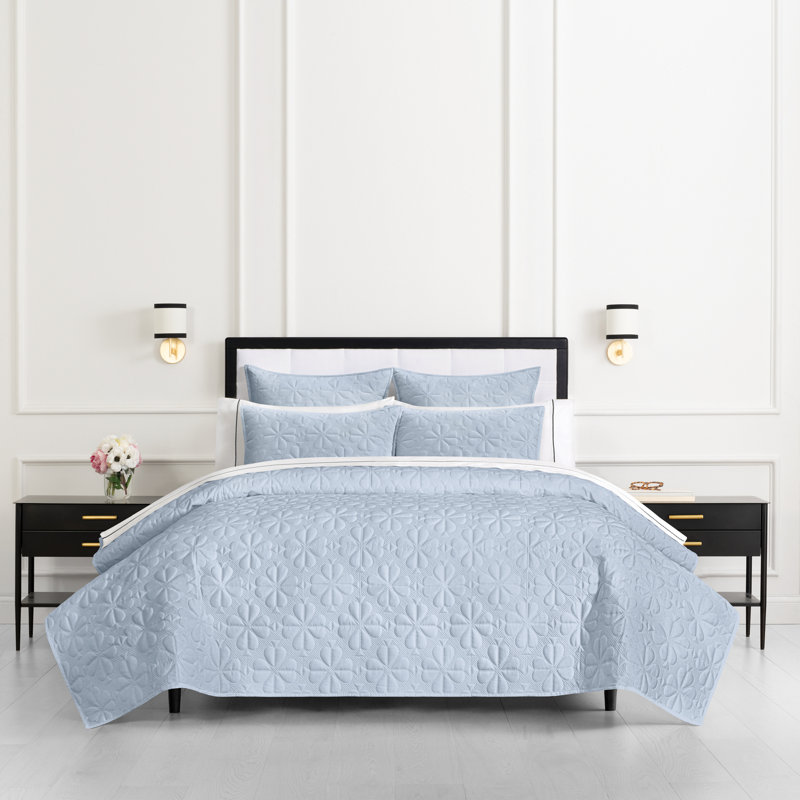 kate spade new york Spade Floral 2-Piece Twin Quilt Bedding Set, 100% Cotton Sateen Reversible Cover, All Season Warmth Bedding, Machine Washable, Halogen Blue