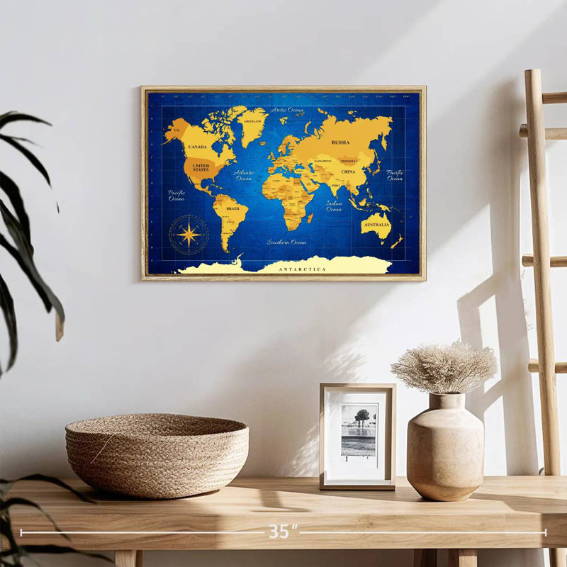 Carte du monde jaune, 19 po x 13 po, Cadre flottant en bois naturel