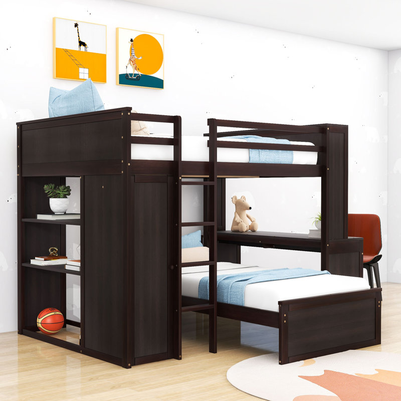 Lit superposé double en bois avec tablettes, bureau et armoire Sherise, Espresso
