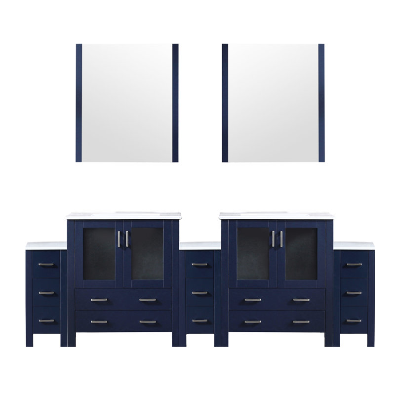 Meuble-lavabo double bleu marine, 96 po Largeur, profondeur de 17,98 po, plateau en céramique blanche, 28 miroirs, mécanisme de fermeture en douceur, meuble-lavabo avec teinture bleu, P, comptoir, tiroirs, durabilité à long terme
