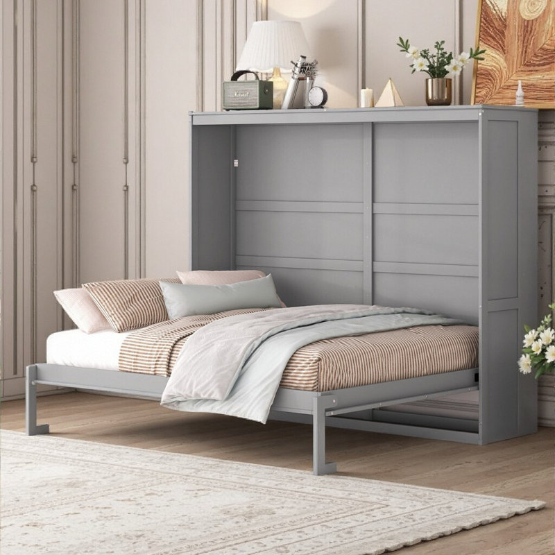 Lit escamotable pliable avec armoire de rangement et structure en bois Friel, Gris, Full
