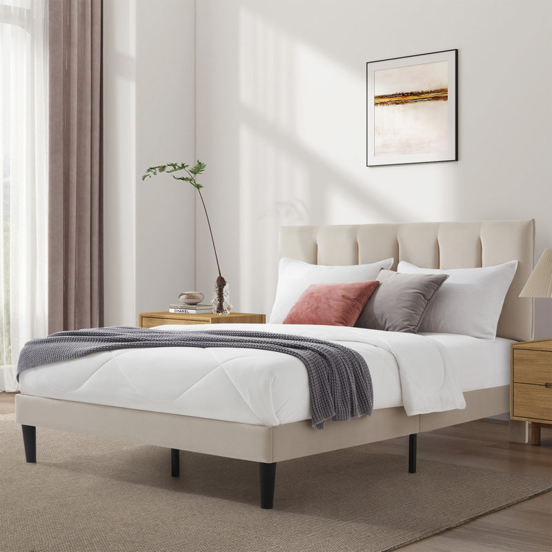  Structure de lit luxueuse avec tête de lit rembourrée, Beige, Très grand lit