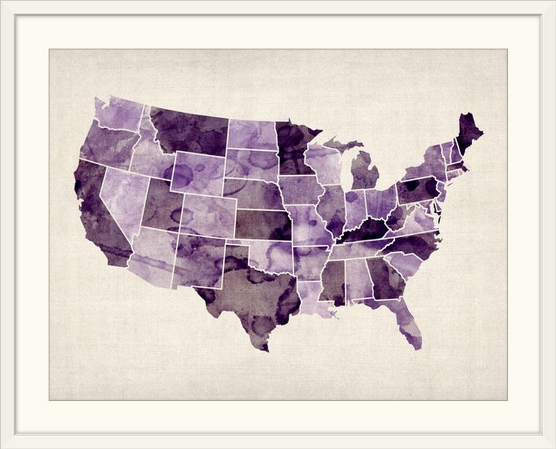 «United States Watercolor Map» par Francy, impression d'art graphique, Cadre blanc, H 26 po x l 32 po x P 1 po