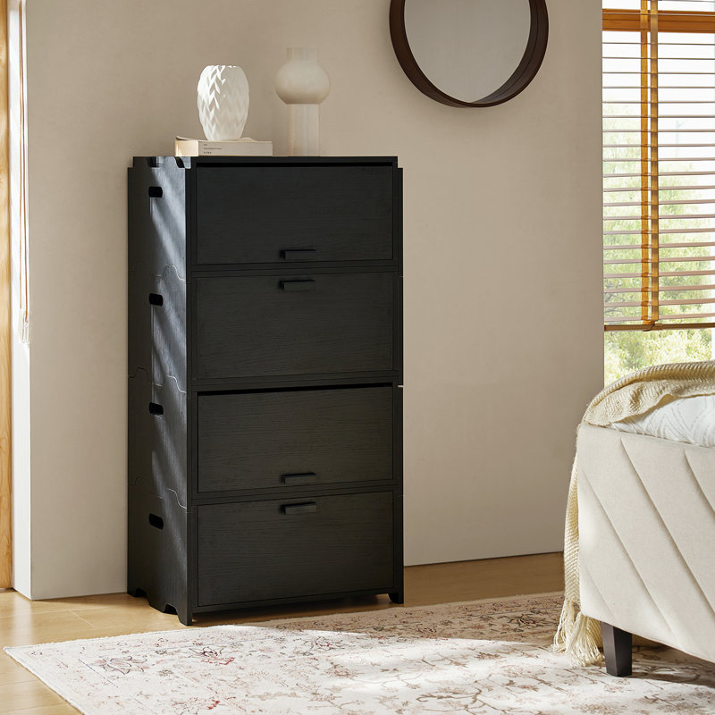 Guilherme 25"Tall Modern 2-Drawer Modular Design  Nightstand with Flip-Top and Solid Wood Handles(Set of 2), Black