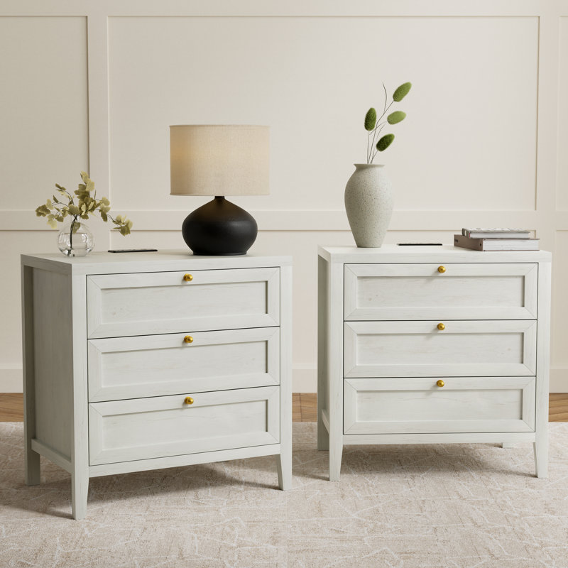 Farmhouse Nightstand With Build-In Power Strip For Bedroom, Living Room, Light Oak, Set of 2
