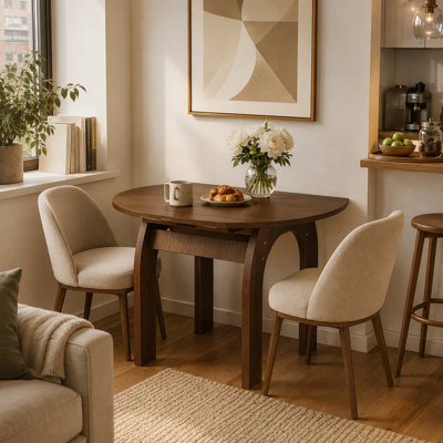Rachell 51.2" Solid Wood Extendable Dining Table, Round to Space-Saving Oval Drop Leaf Table with Sculptural Arch Legs, Seats 6