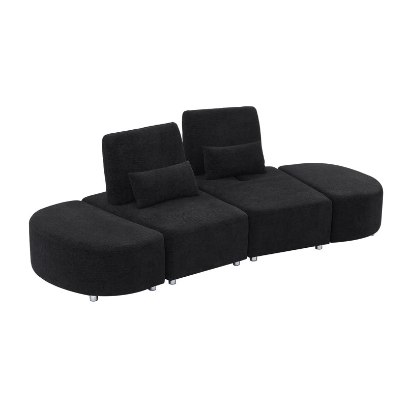 Canapé rembourré avec deux repose-pieds, Noir, noir, noir, noir