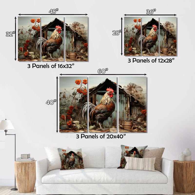 " Roaster Barnyard Serenade I " by Designart 3 - Pieces, 28" H x 36" W x 1" D
