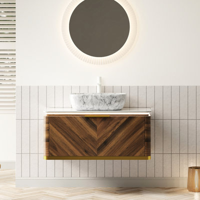 Meuble-lavabo de 36 po avec rangement flottant, vasque en céramique à motif marbré, comptoir en pierre frittée, couleur noyer foncé, tiroir à fermeture en douceur, assemblage facile, armoire, capteur, à installer, lavabo