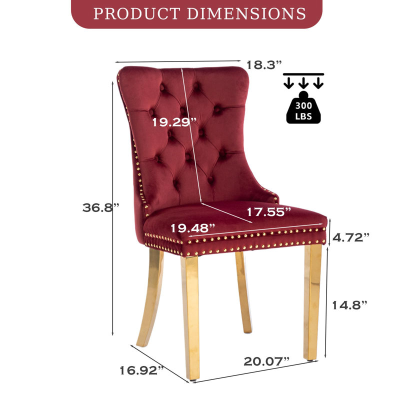 Jaqua Velvet Dining Chair Tufted Dining Room Side Chair with Solid Gold Plated Leg (Set of 2), Red