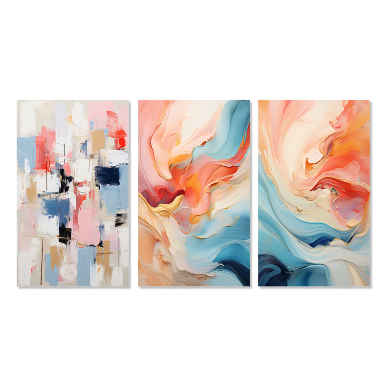 «Missing You», ensemble de 3 reproductions abstraites bleues et rouges, H 20 po x l 36 po, Toile tendue