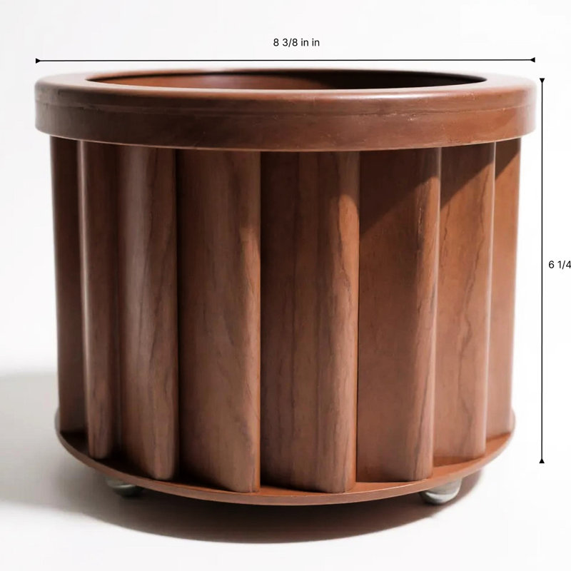 Pot rond rond brun foncé en aluminium léger avec drainage prédécoupé pour une gestion efficace de l'eau, finition de ton de bois moderne, rétention du plateau interne, profondeur de 8,49 po, largeur, 6,34 po, 2,97 lb