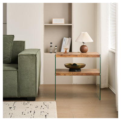 Modern Walnut & Glass Side Table - Tempered Glass Accent End Table with Wood Shelves for Living Room
