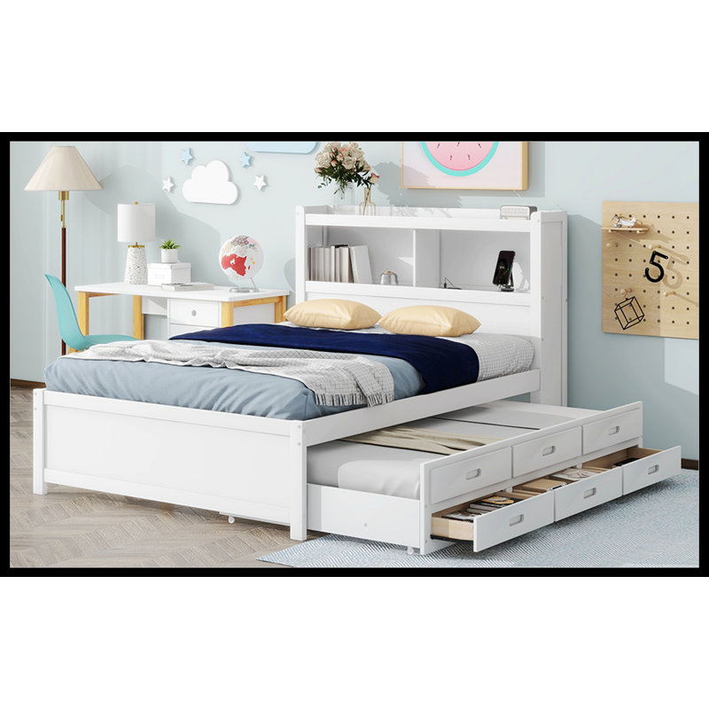 Margrid Bookcase Storage Bed with Trundle,Drawers and USB Plugs,Full Size Platform Bed, White