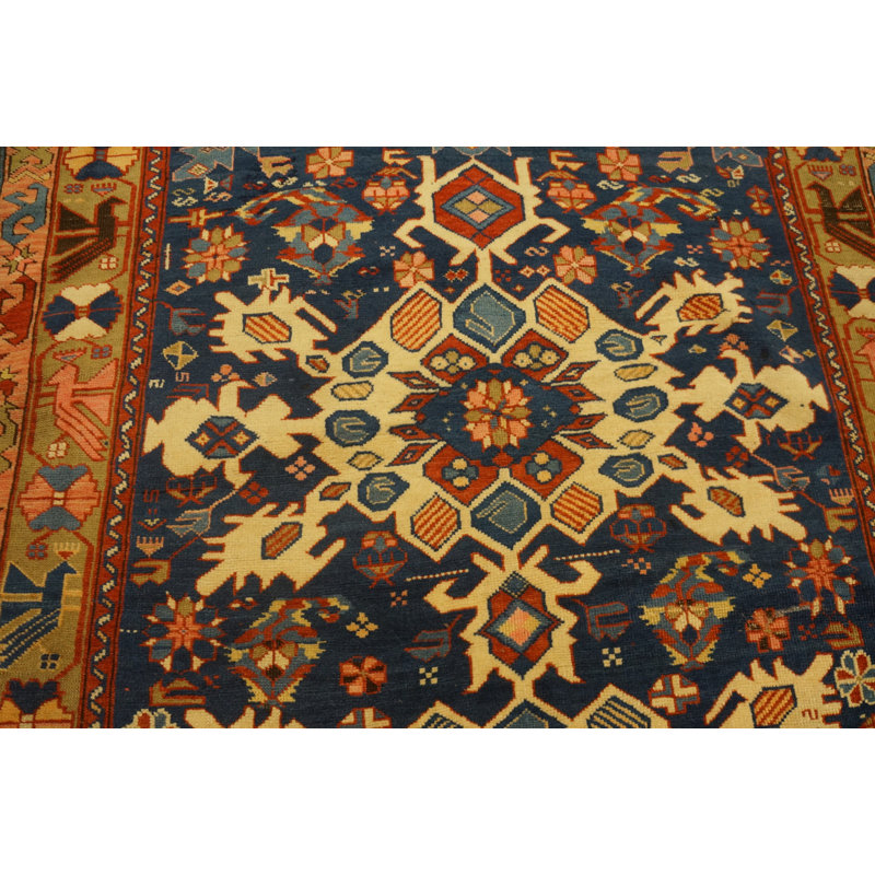 Antique Caucasian Bidjov Small Scatter Size Wool Blue Rug