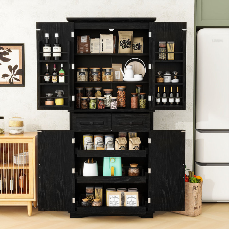 Grand garde-manger avec 3 organisateurs coulissants, 6 tablettes de porte, 2 tiroirs et tablettes réglables, Noir
