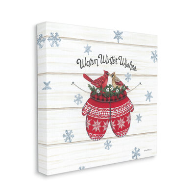Warm Winter Wishes Cardinals, perchoir festif, mitaines noires, estampe numérique encadrée par Deb Strain