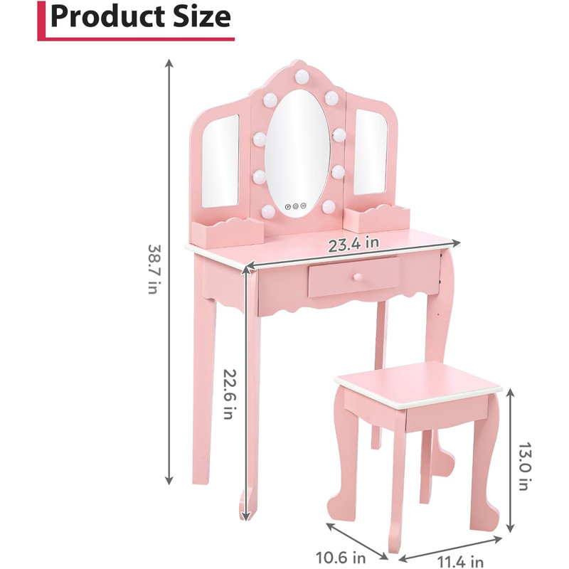 Kids Vanity Set with Stool, 3-Panel Mirror & Pretend Makeup Table for Girls, Toddler Dress-Up Play Set, Pink