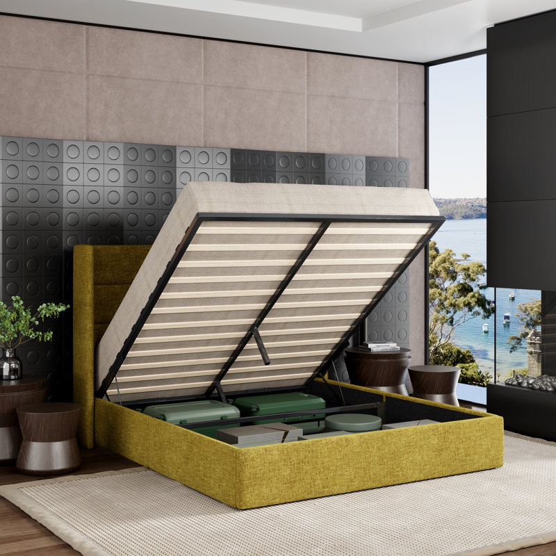 Lit plateforme tapissier avec rangement Bradenburg, Grand, Jaune