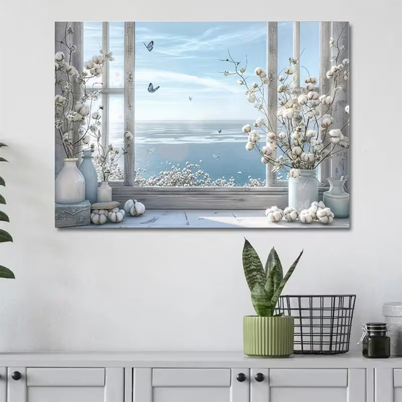 Cette peinture sur toile encadrée dépeint une magnifique vue sur la côte depuis une fenêtre, 16 x 24 pouces
