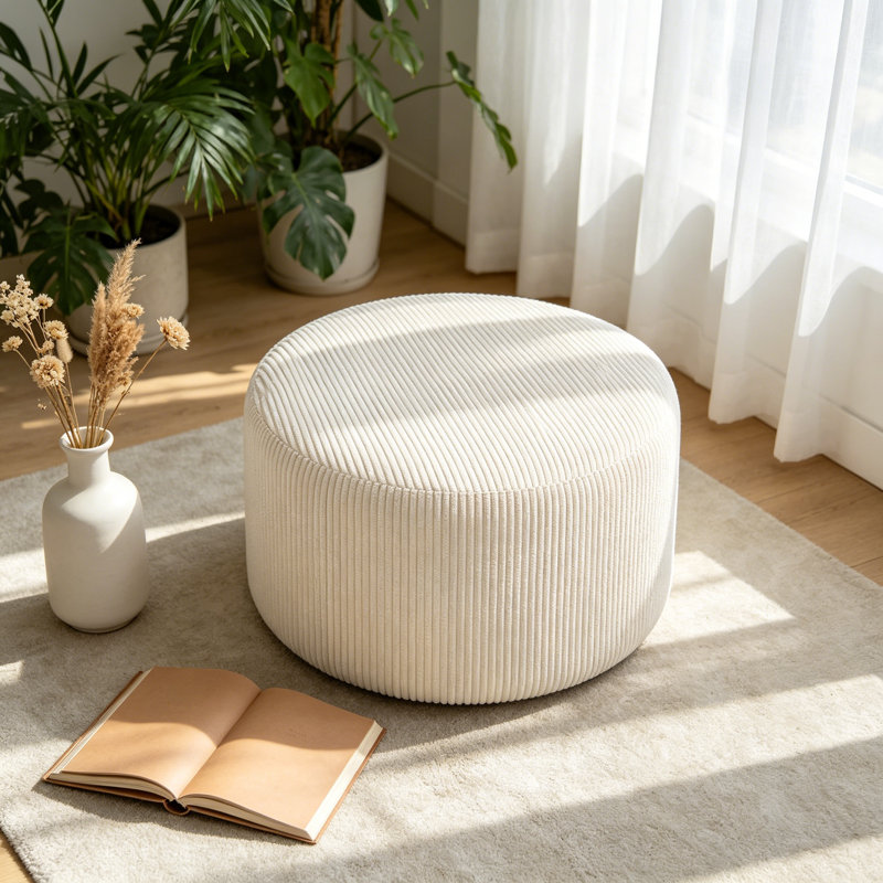Henrik Modern Upholstered Round Ottoman, Beige Corduroy