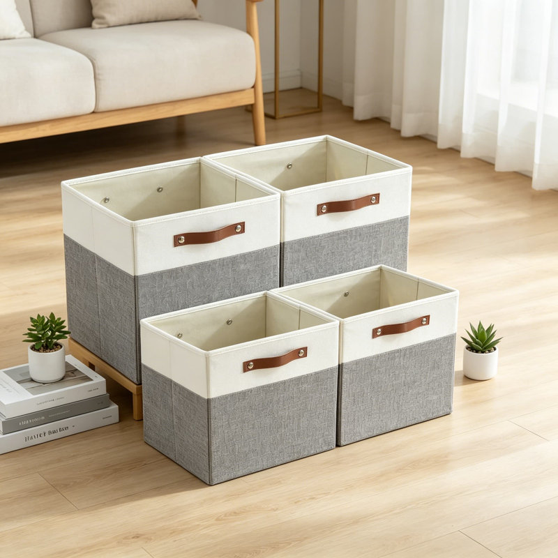 Bacs de rangement pliables en tissu avec 2 poignées en polyuréthane renforcé, paniers de rangement pliables pour placard, tablettes, salon, 11 x 11 x 11 po, paquet de 4, gris et blanc
