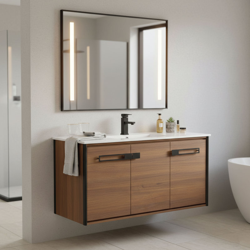 48'' Single Bathroom Vanity with Vitreous China Top, Matte Black, Walnut Ebony
