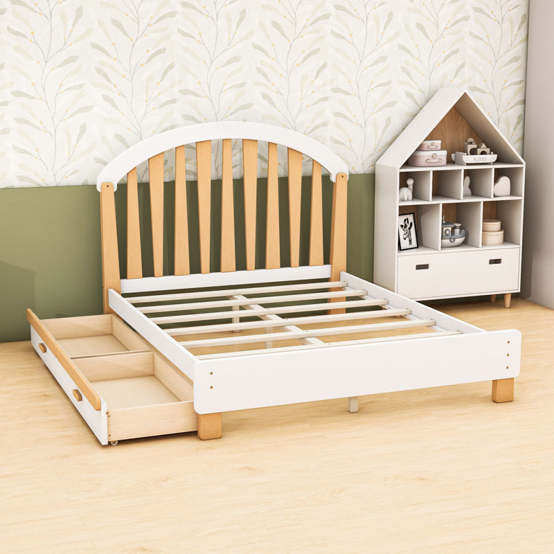 Lit plateforme en bois avec tiroirs de rangement et tête de lit, Full, White Natural