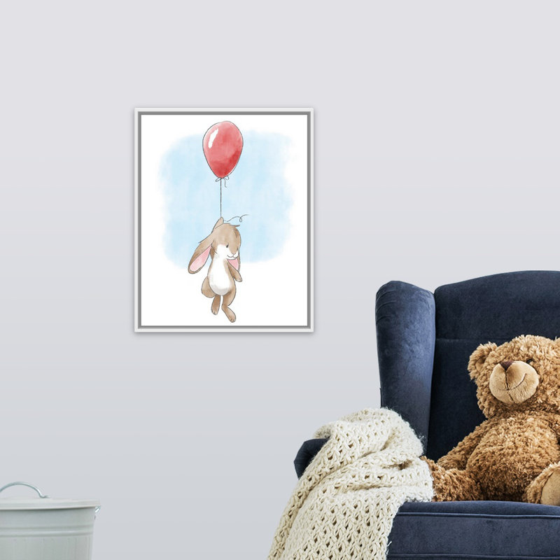 «Little Bunny and Balloon», impression, H 20 po x l 16 po x P 1,75 po, Cadre pour toile flottant blanc