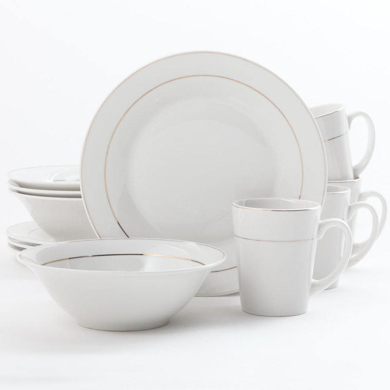 Service de table 12 pièces Gibson Tuxedo Deluxe, double bande dorée, céramique fine