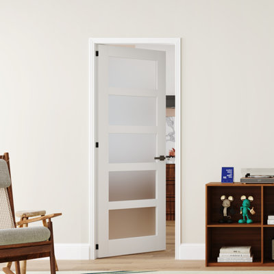 CHIC MODE Doors 30 in. x 84 in. 5 Lite Frosted Tempered Glass White Solid MDF Core Prehung Interior Door with Jamb