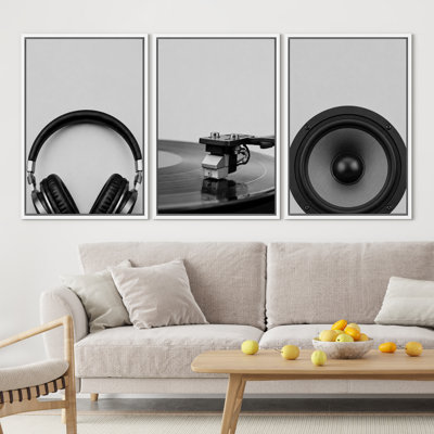 Modern Black And White Music Audio Headphones Vinyl Turntable Speaker Sound System Artwork Wall Art Decor Framed On Canvas 3 Pieces Print