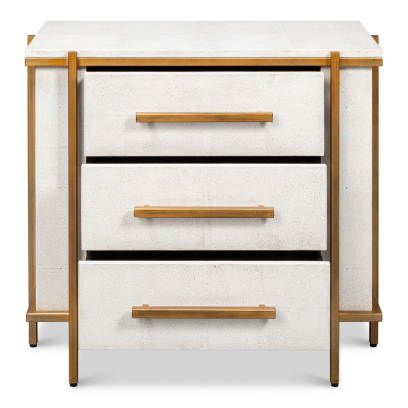 Blakely White Shagreen Leather 3-Drawer Nightstand with Gold Accents