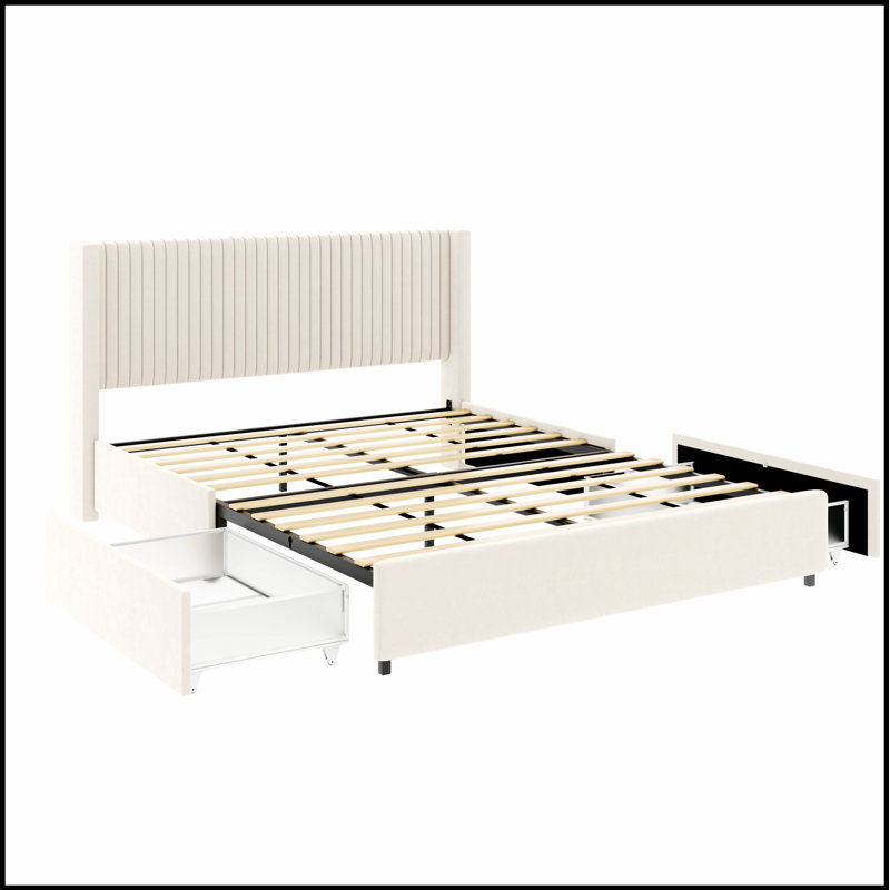 Lit de rangement breveté à 2 tiroirs avec plateforme à oreilles rembourrée en velours ivoire, alliant élégance et fonctionnalité pour les chambres modernes.