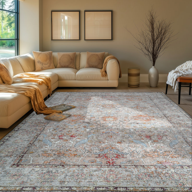 Washable Area Rug 5'X7', Ultra Soft With Non-Slip Backing & Durable Edge Binding, Vintage Large Carpets For Living Room, Bedroom, Dining Room