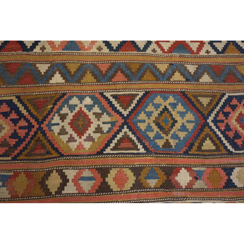 Antique Allover Geometric Wool Flat Weave Multicolor Jewel Tones 1920s Rug